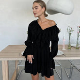 Robe longue à volants et découpes superposées - Noir